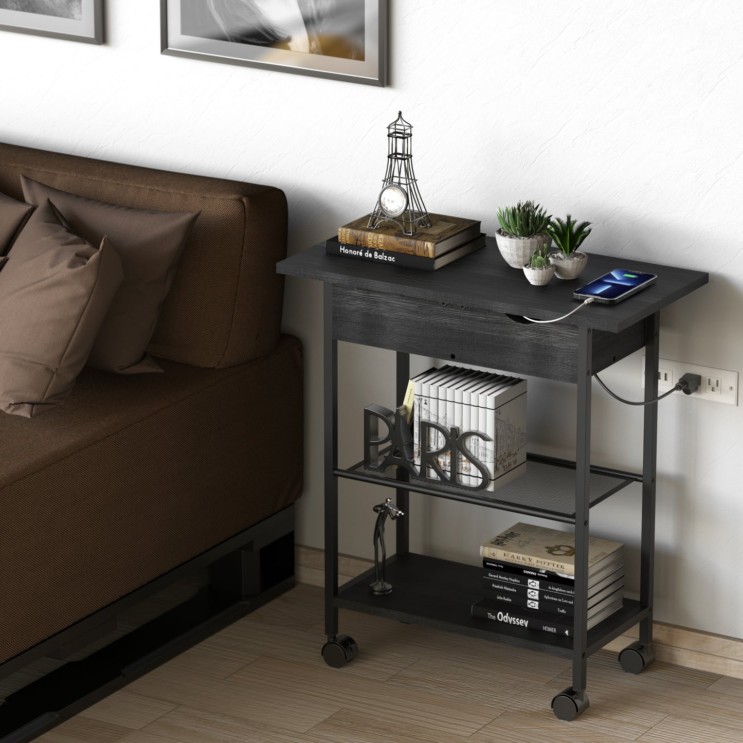 Wheel End Table with Storage and Built-In Outlets