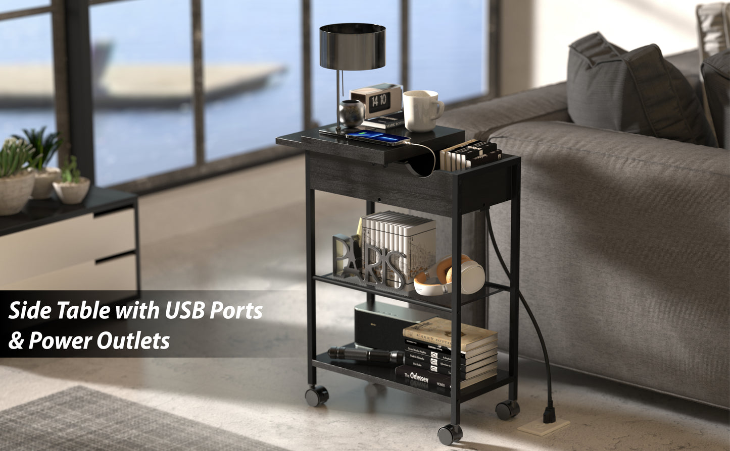 Wheel End Table with Storage and Built-In Outlets