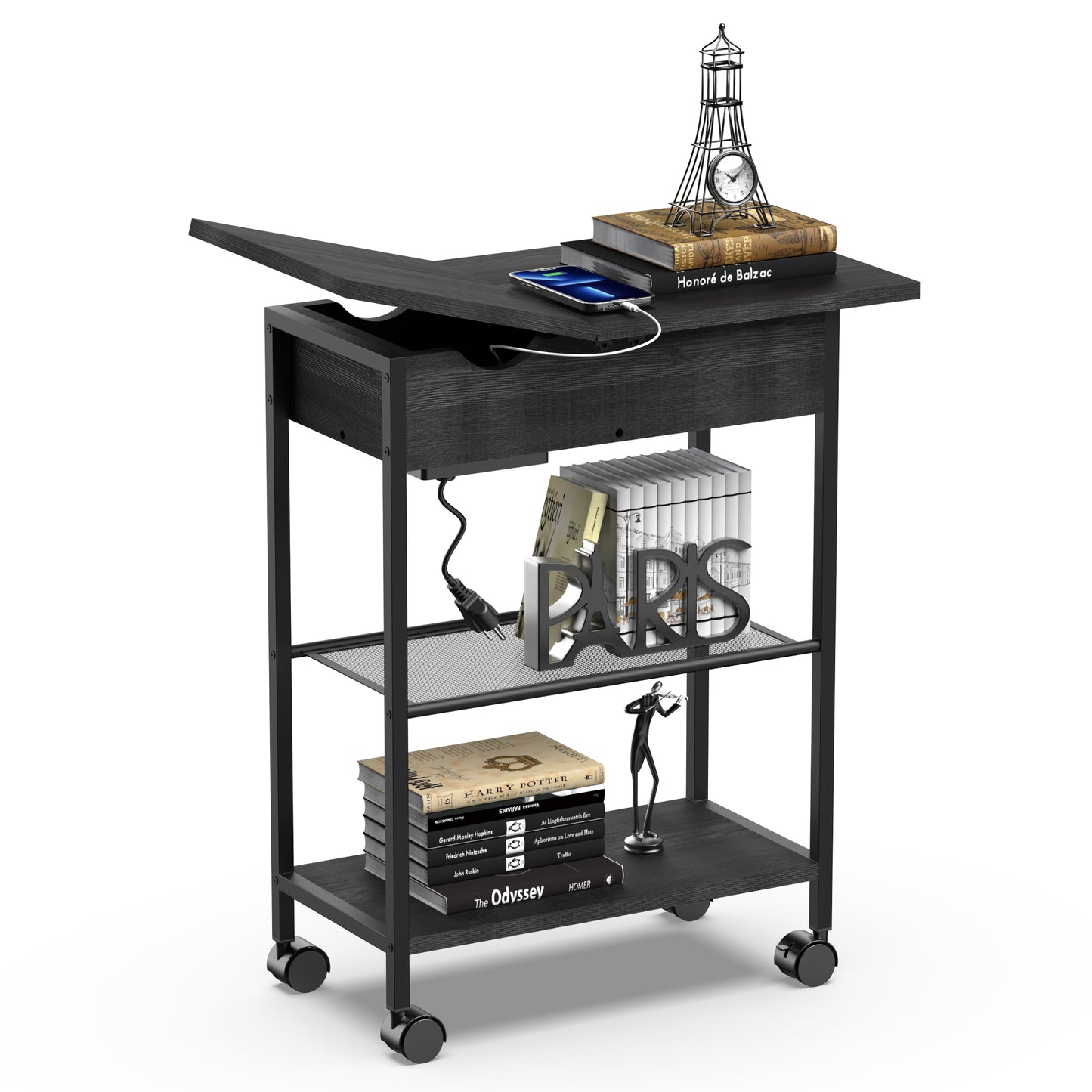 Wheel End Table with Storage and Built-In Outlets