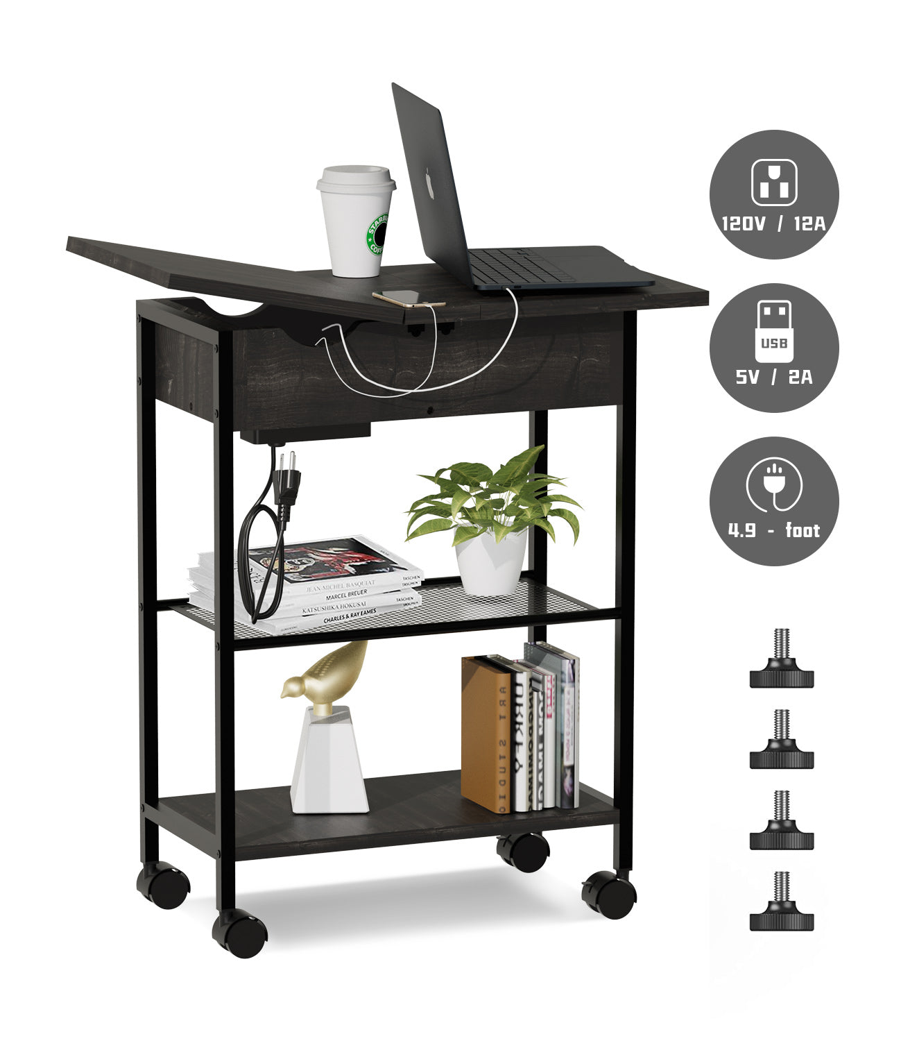 Wheel End Table with Storage and Built-In Outlets
