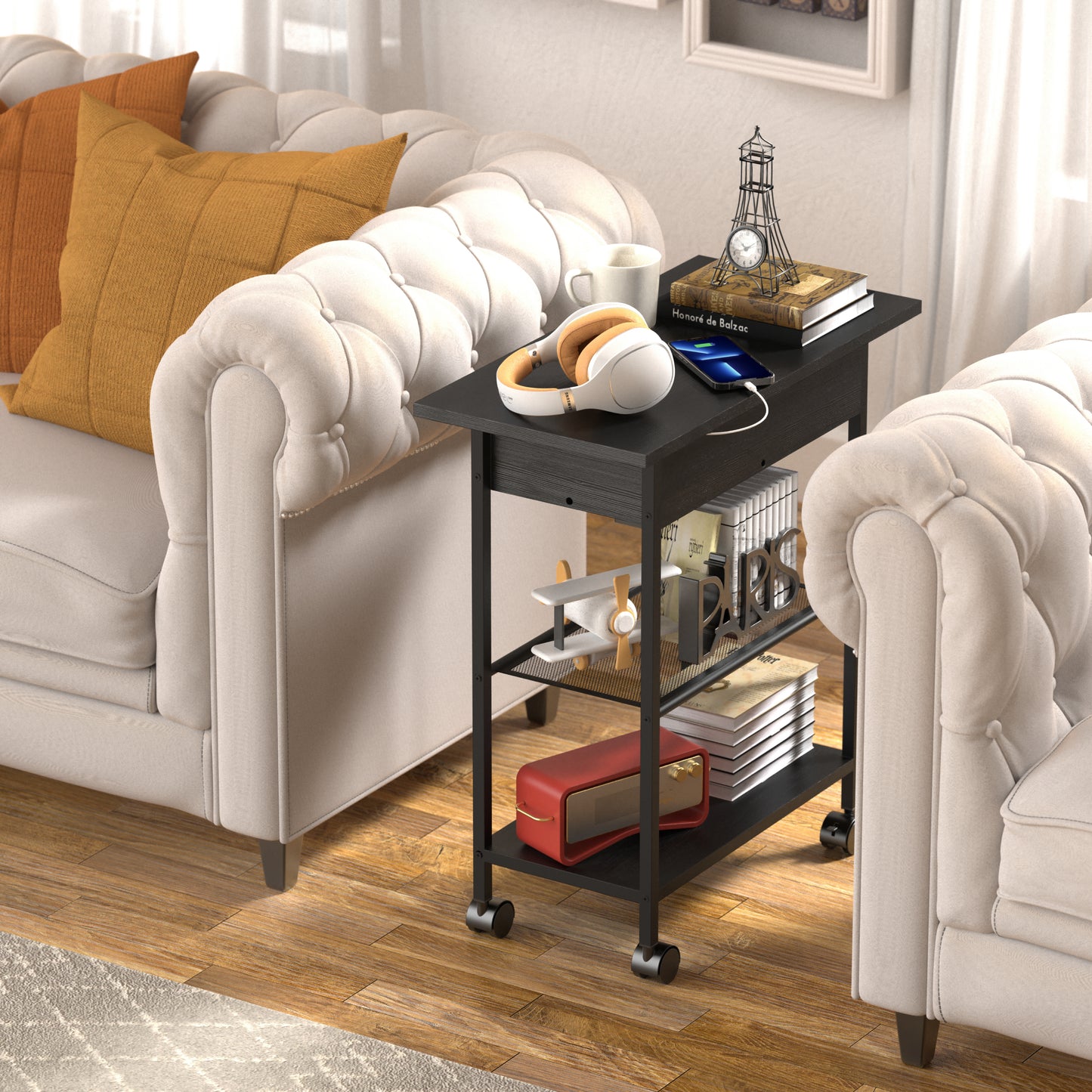Wheel End Table with Storage and Built-In Outlets