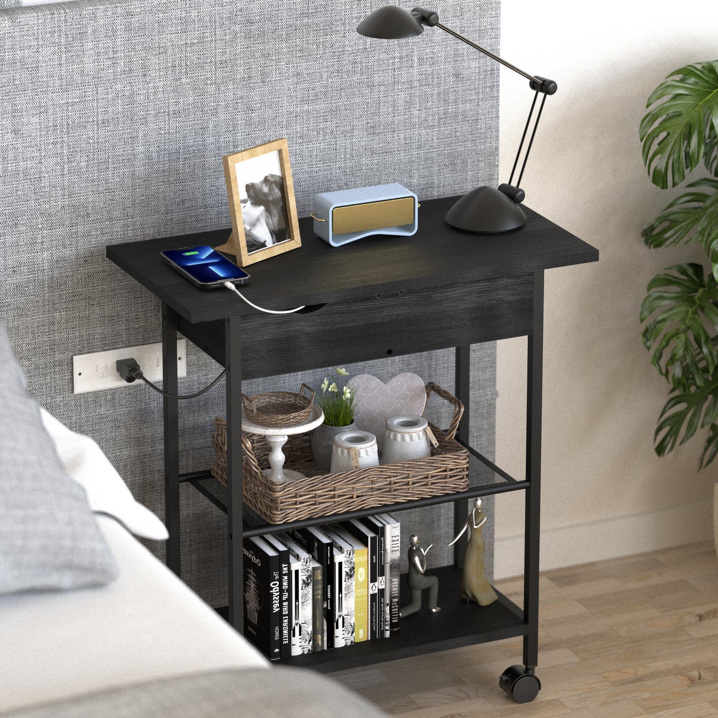 Wheel End Table with Storage and Built-In Outlets
