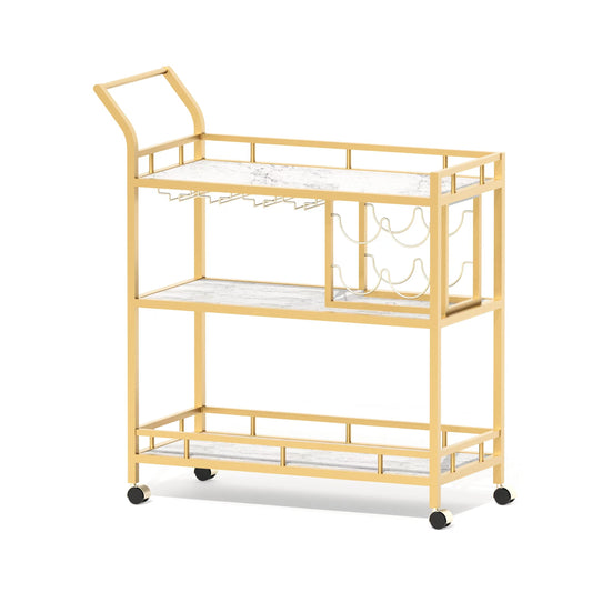 Gold Bar Cart with 3 Shelves, Wine Glass Bottle Storage