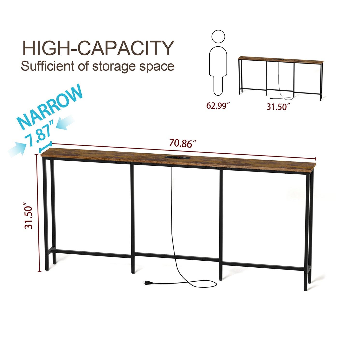 Narrow Entryway Table with Power Outlet and USB Port, 70.9 Inch Extra Long Narrow Console Table with Charging Station, Skinny Sofa Table, Behind Couch Table for Living room Entryway Foyer-Rustic Brown